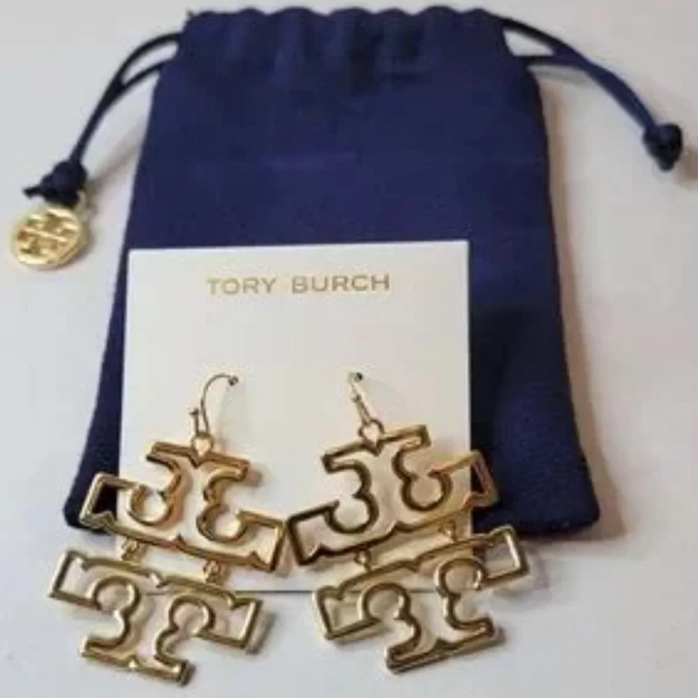 NEW Auth. Tory Burch Britten Logo Drop Earrings (Gold), on TB Earring Card